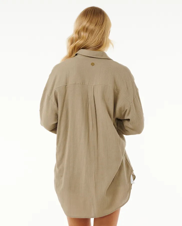 Rip Curl Premium Linen Long Sleeve Button Through Shirt - Olive