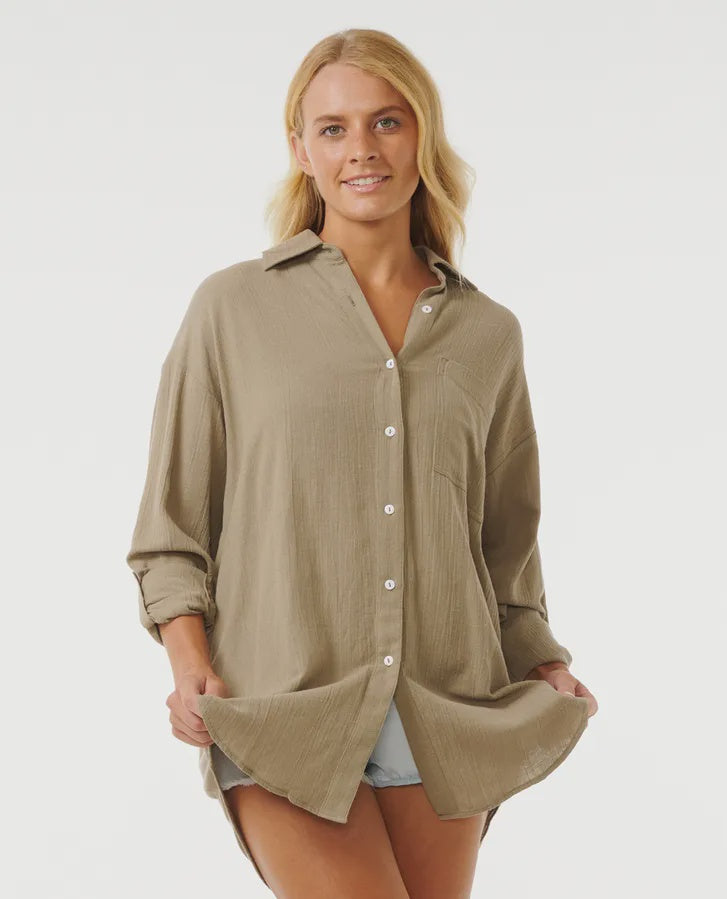 Rip Curl Premium Linen Long Sleeve Button Through Shirt - Olive