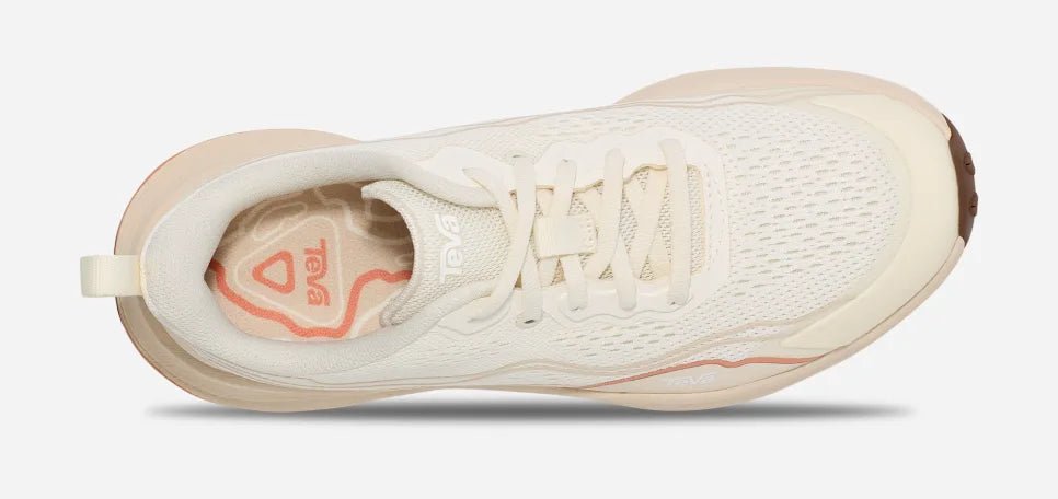 Women's trail hiking shoe in birch and peach with mesh upper and cushioned insole
