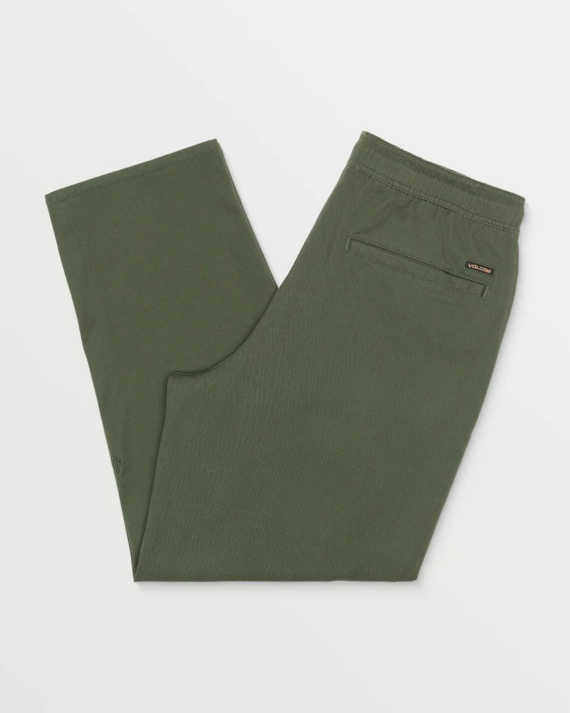 Olive green loose fit elastic waist pants with back pocket, laid flat on white background