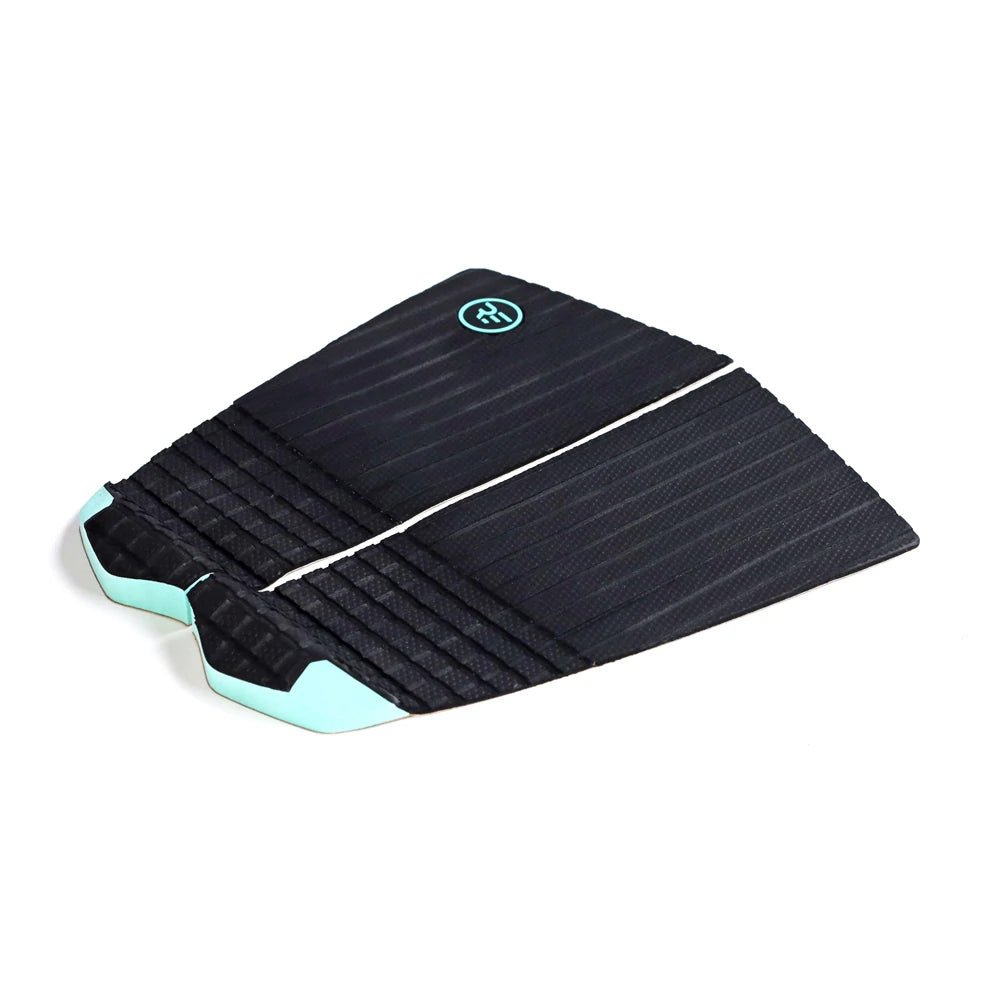 Black rear surfboard traction pad with textured grip and light blue accents