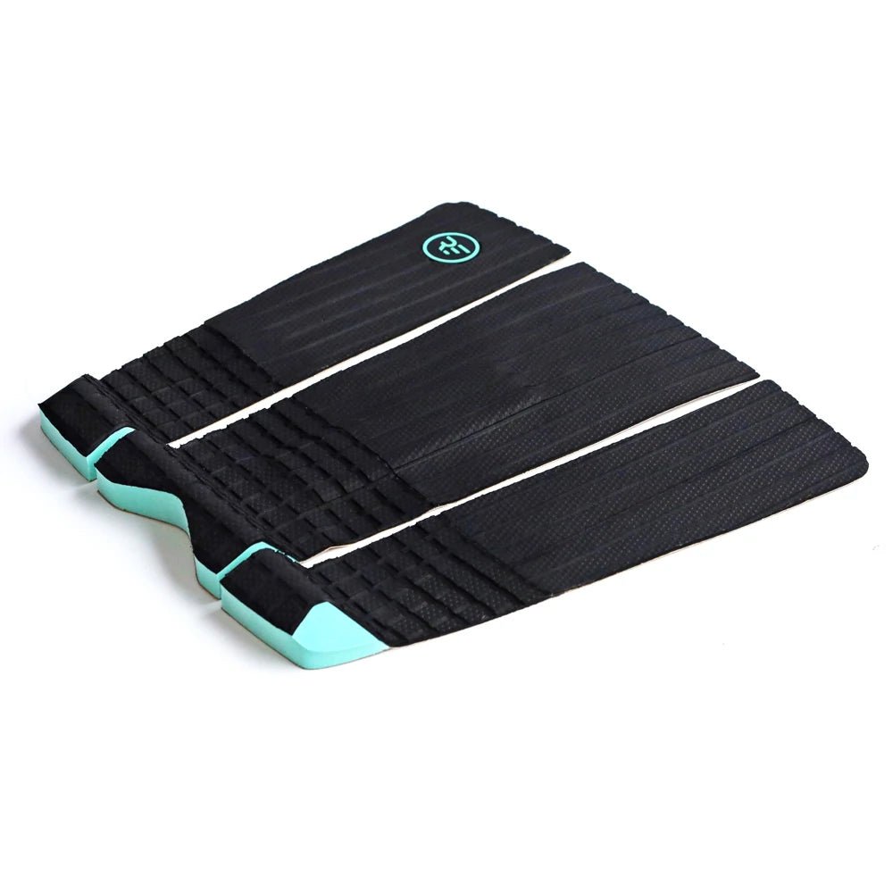 Black rear traction pad with textured grip and teal accents, designed for surfboards or kiteboards