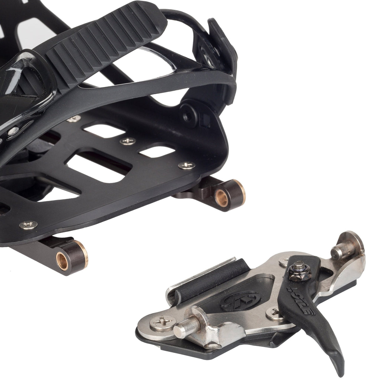 Close-up of a black snowboard binding with metal hardware and mounting base.