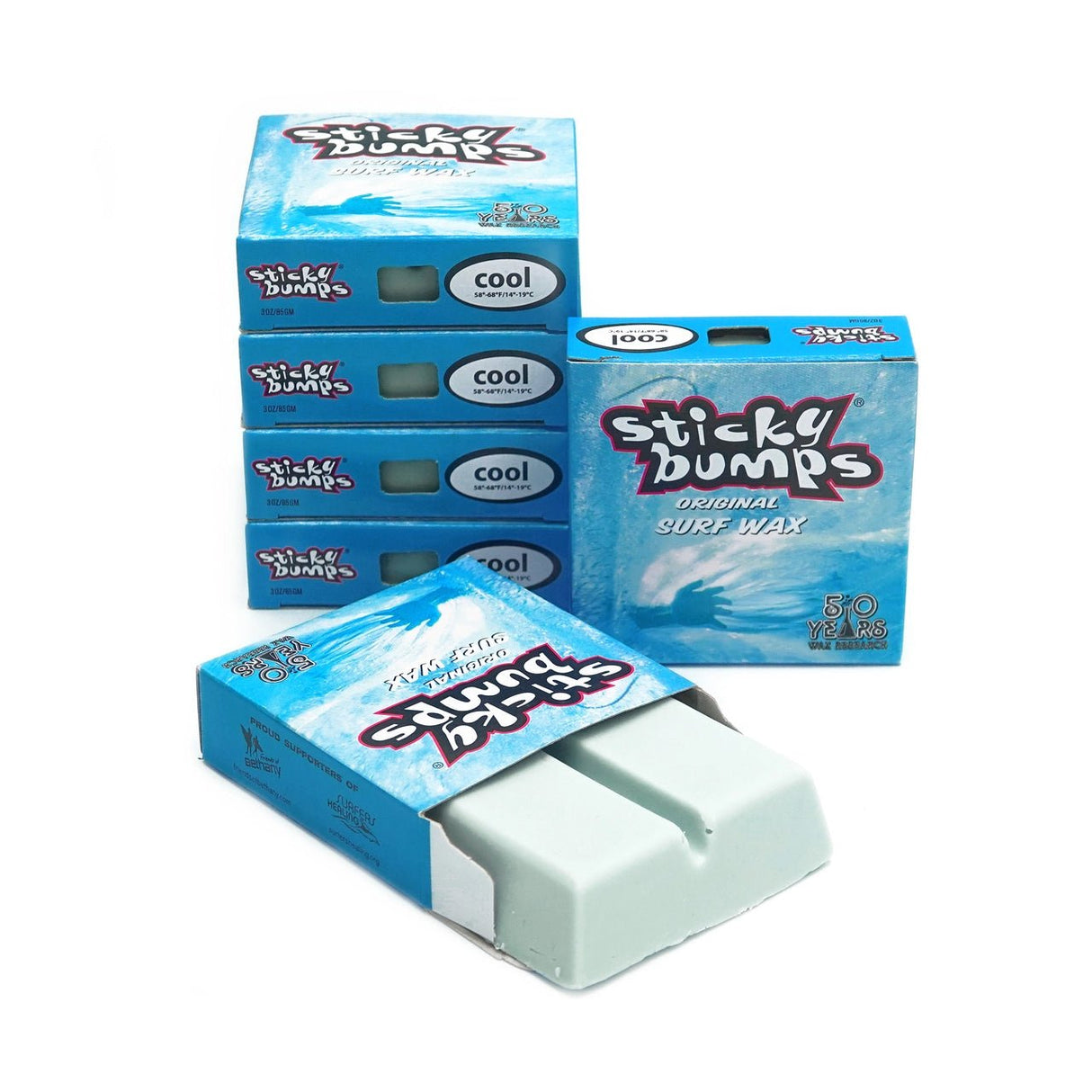 Stacked boxes of Sticky Bumps original cool surf wax with one opened bar visible