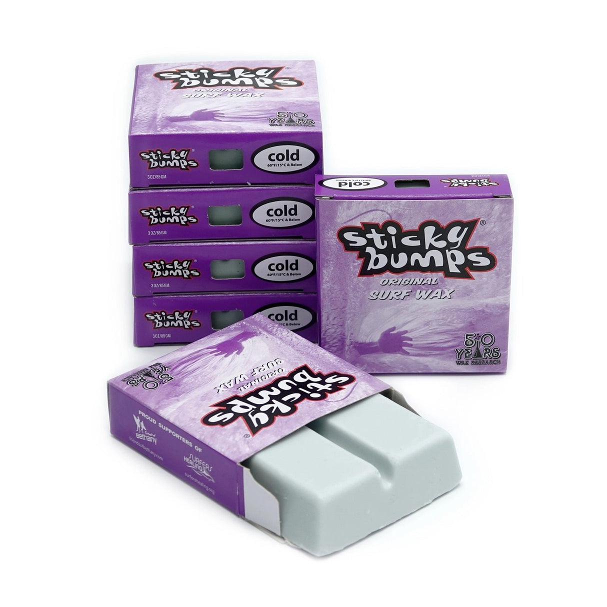 Sticky Bumps surf wax cold water formula boxes and wax bars on white background