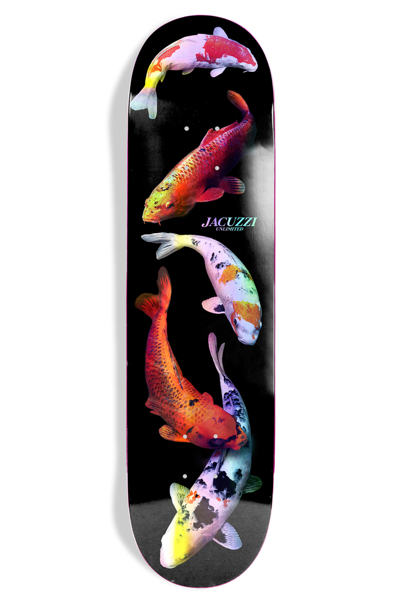 Jacuzzi Unlimited skateboard deck with colorful koi fish on black background