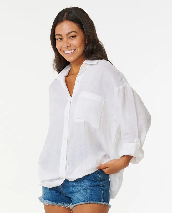 Rip Curl Premium Linen Long Sleeve Button Through Shirt - White