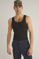 Men's black ribbed cotton tank top with scoop neckline and camo cap