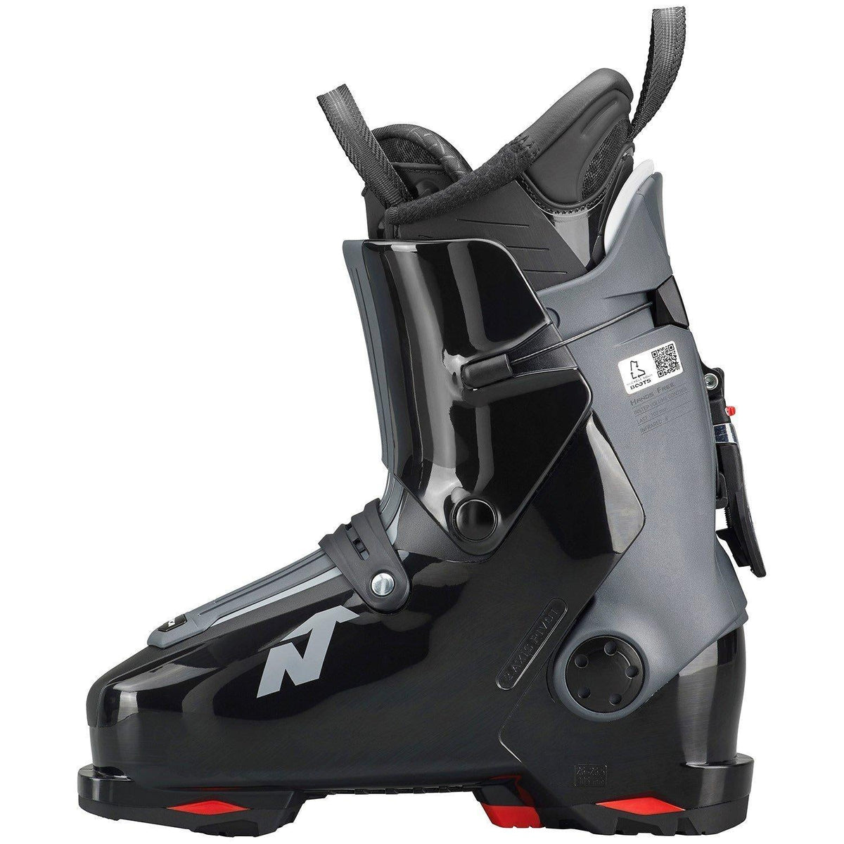 Nordica alpine ski boot with buckle closure, padded collar, and grippy rubber sole
