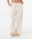 Women's cream wide-leg corduroy pants with elastic drawstring waist and side pockets