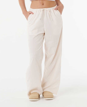 Women's cream wide-leg corduroy pants with elastic drawstring waist and side pockets