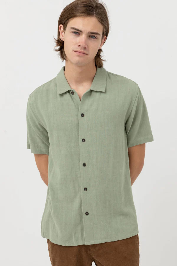 Rhythm Textured Linen SS Shirt - Moss