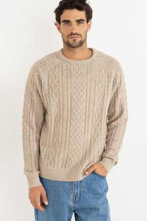Model wearing mohair fishing knit jumper in oatmeal