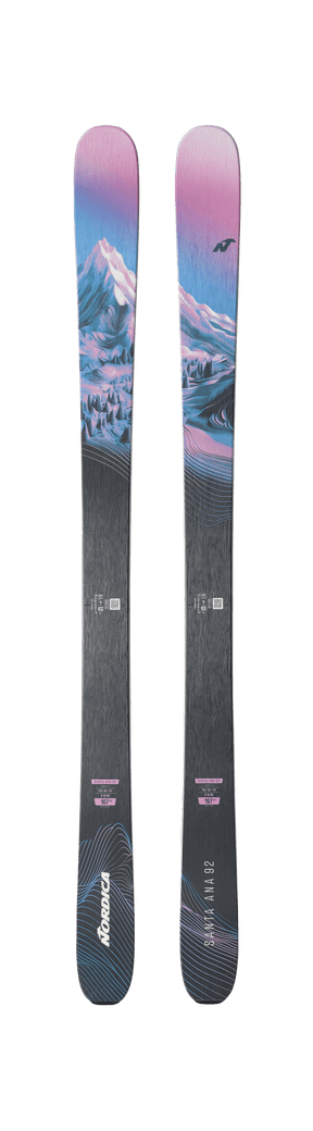 Nordica Santa Ana 92 skis with pink-to-blue mountain graphic top sheet, 167cm