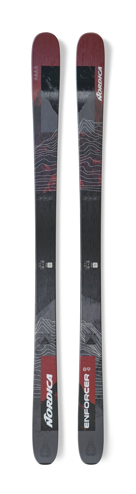 Nordica Enforcer 89 skis in black red and gray mountain graphic topview pair