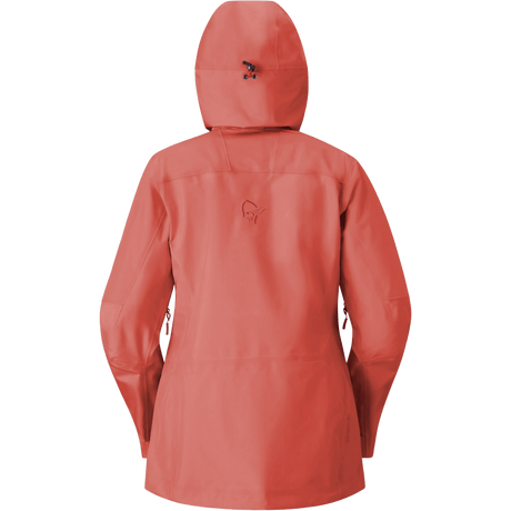 Norrona women's hooded Gore-Tex jacket shown from the back with side zip pockets