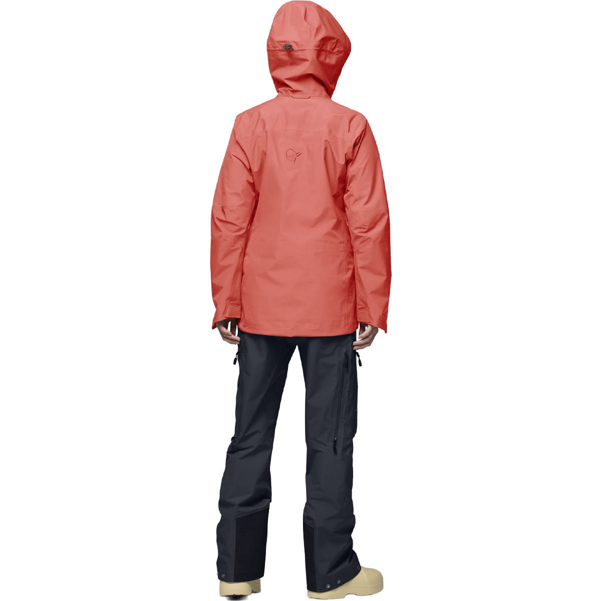 Norrona women's hooded Gore-Tex shell jacket shown from behind with dark pants