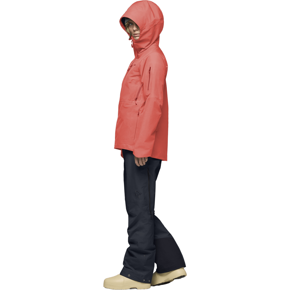 Women's hooded Gore-Tex ski jacket with chest zip pocket, paired with dark navy pants and boots.