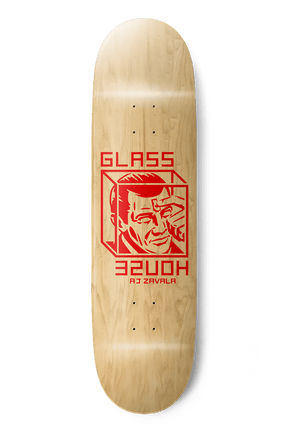 Natural maple skateboard deck with red Glass House AJ Zavala graphic and mirrored text