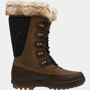 Helly Hansen women's tall brown winter boot with faux fur cuff and lace-up front