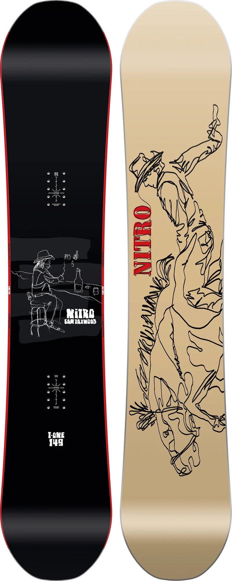Nitro T1 149cm snowboard, black top with cowboy graphic, beige base with bull rider art