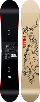Nitro T1 149cm snowboard, black top with cowboy graphic, beige base with bull rider art