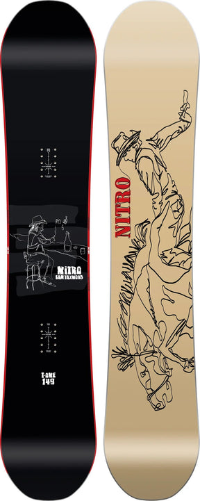 Nitro T1 149cm snowboard, black top with cowboy graphic, beige base with bull rider art