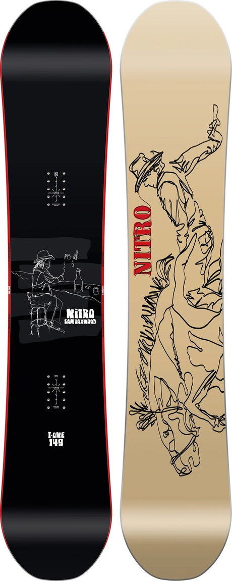 Nitro T1 149cm snowboard, black top with cowboy graphic, beige base with bull rider art