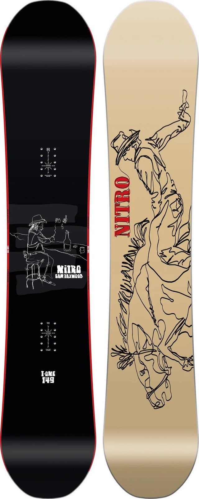 Nitro T1 149cm snowboard, black top with cowboy graphic, beige base with bull rider art