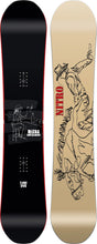 Nitro T1 149cm snowboard, black top with cowboy graphic, beige base with bull rider art