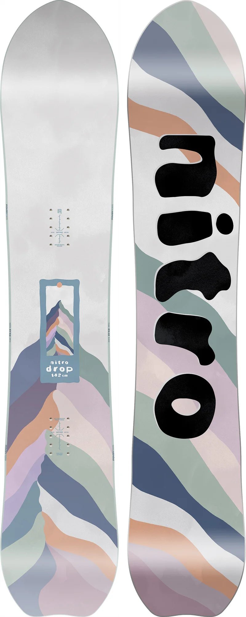 Nitro Drop 142cm women's snowboard shown top and base with pastel wave graphic