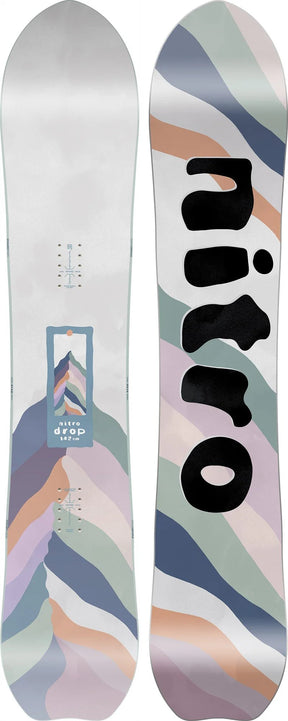 Nitro Drop 142cm women's snowboard shown top and base with pastel wave graphic