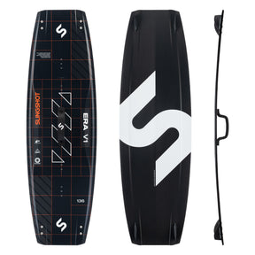 Slingshot ERA V1 136cm black kiteboard twin tip, top bottom and side views