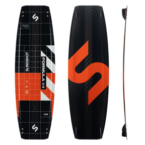 Slingshot Formula V4 136cm kiteboard twin tip shown from top, bottom, and side views