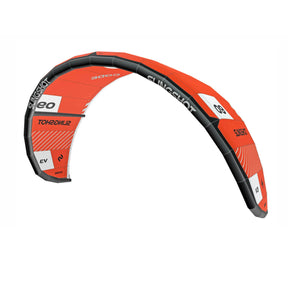 Slingshot Code V3 kiteboarding kite in red and black, C-shape inflated canopy