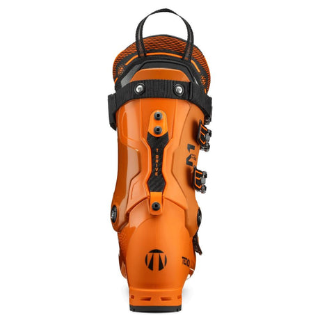 Tecnica Mach1 MV 130 alpine ski boot shown from rear angle with buckle closure system