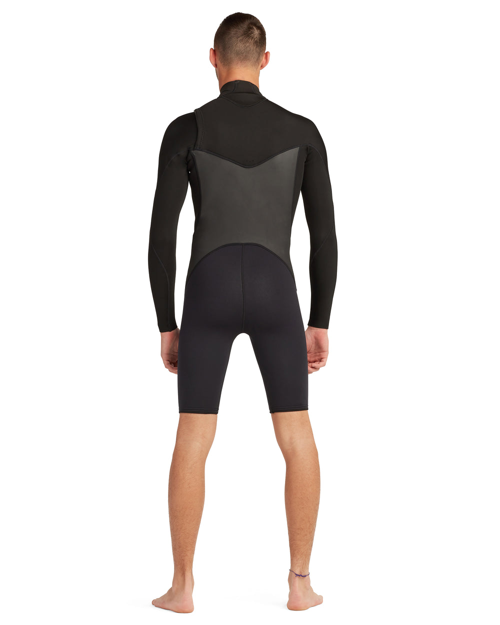 Men's black long-sleeve springsuit wetsuit, back view, chest-zip, shorts length