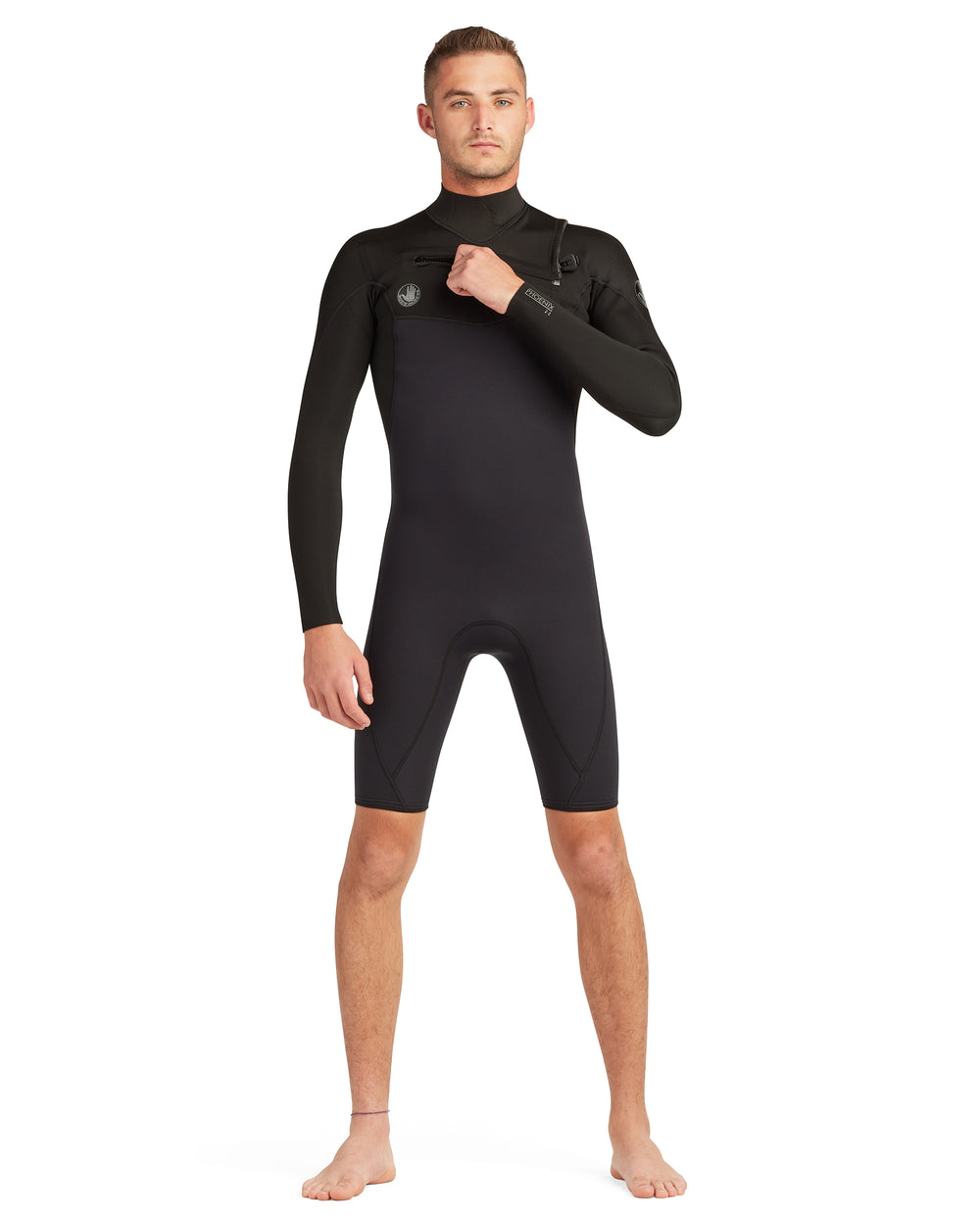 Body Glove Phoenix men's black long-sleeve chest-zip springsuit wetsuit, front view