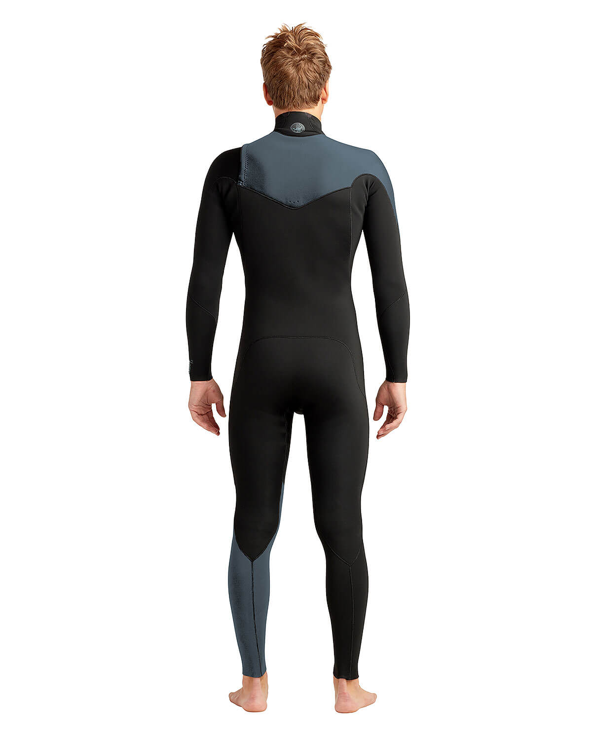 Men's black and slate gray 4/3mm chest-zip fullsuit wetsuit, back view