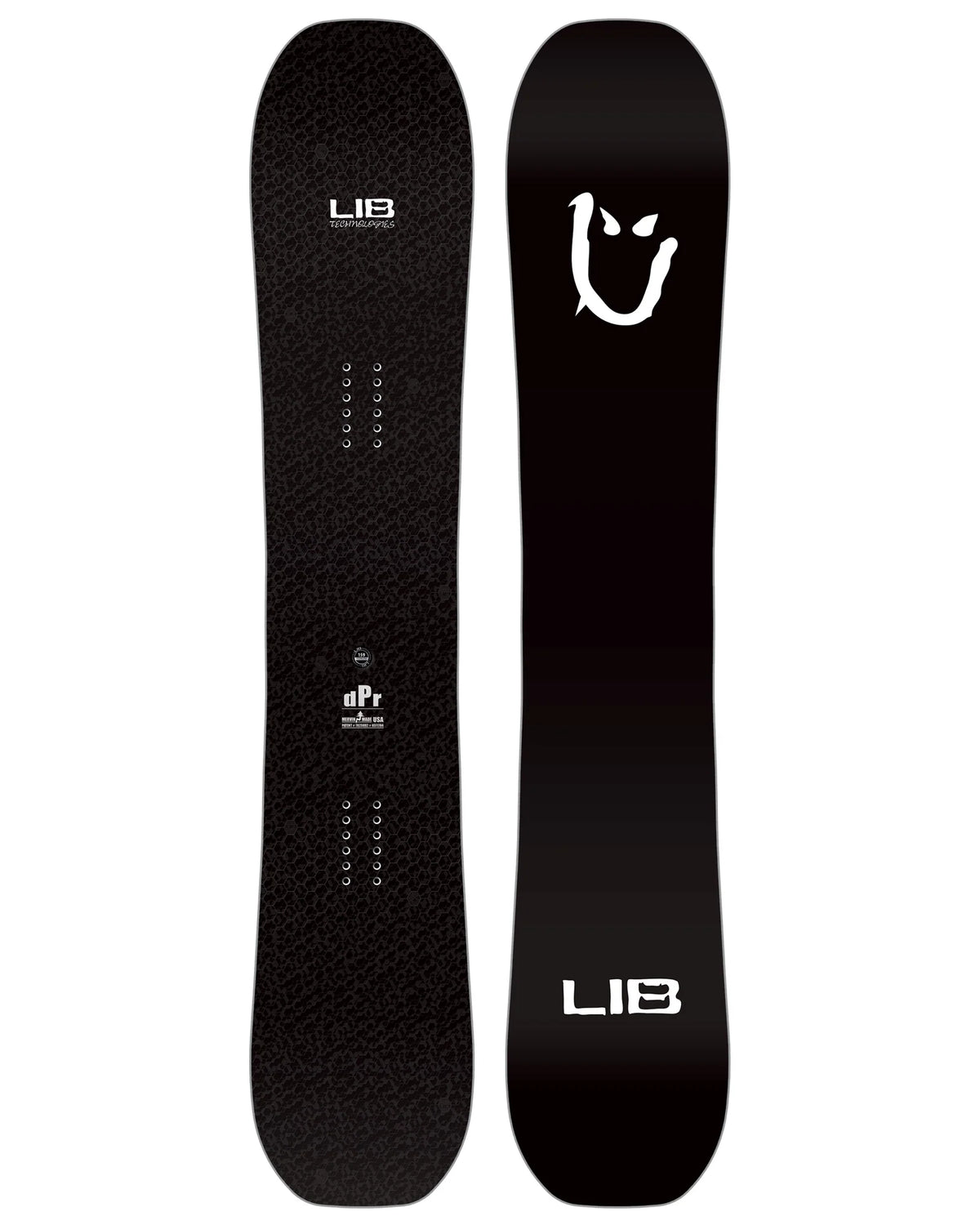 Lib Tech DPR snowboard 2027 shown front and back, black with white logo