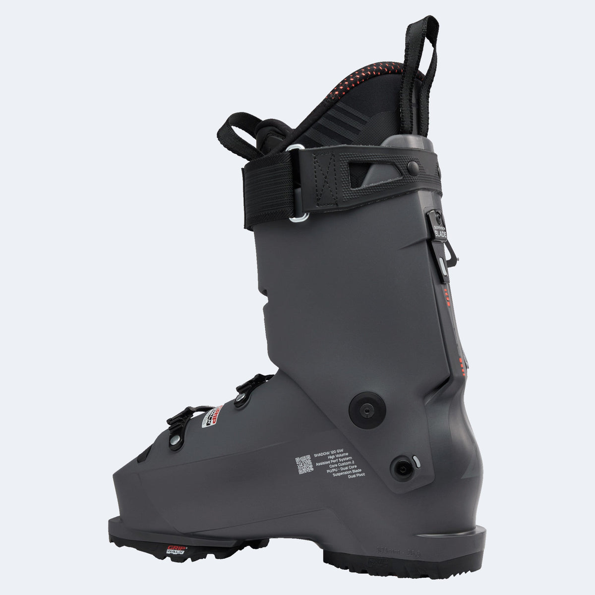 Lange Shadow 120 HV GW ski boot shown from the side with buckle closure system