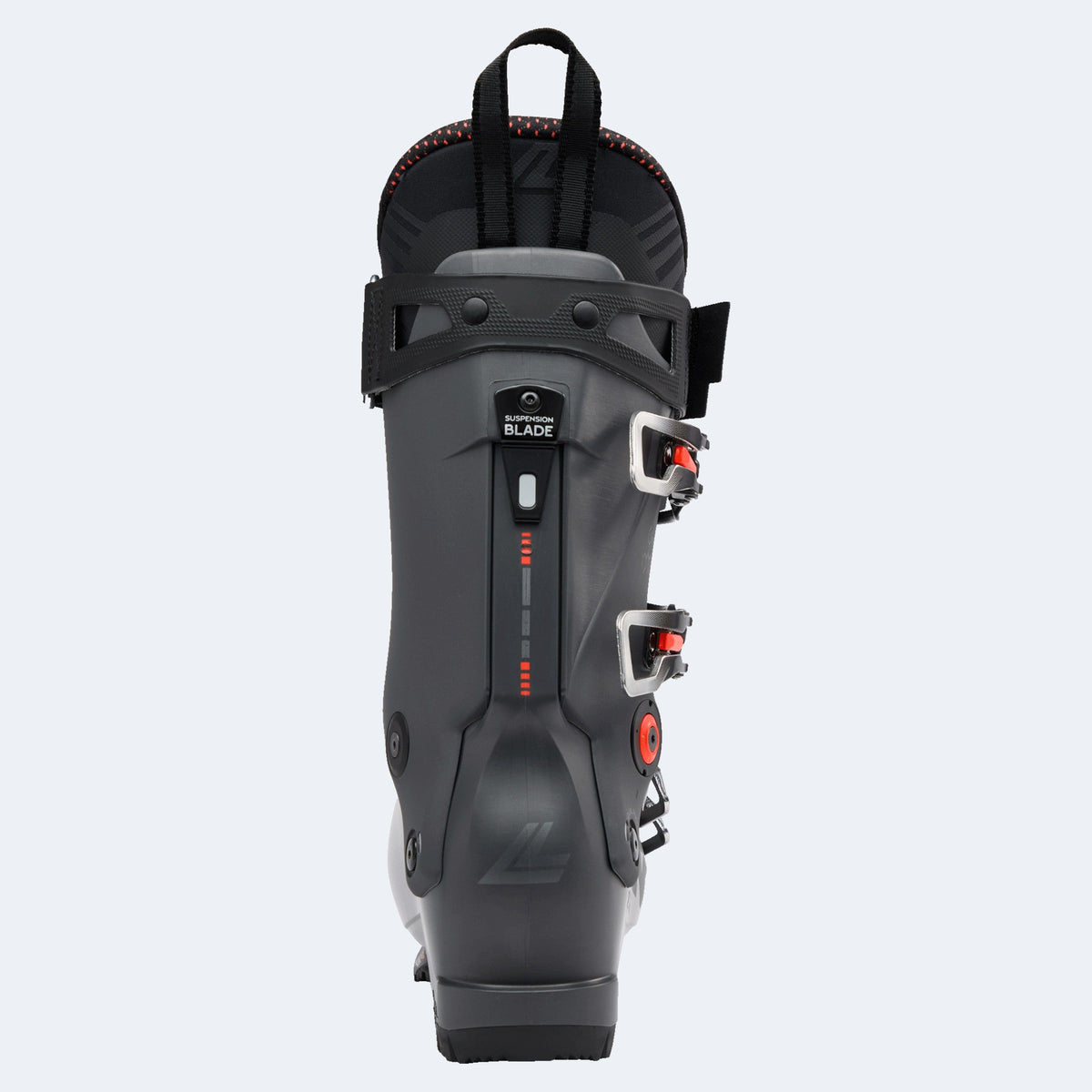 Lange alpine ski boot with four buckle closure system and suspension blade technology shown from rear angle