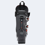 Lange alpine ski boot with four buckle closure system and suspension blade technology shown from rear angle