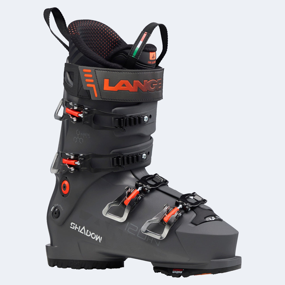 Lange Shadow 120 HV GW alpine ski boot with four buckle closure and orange accents