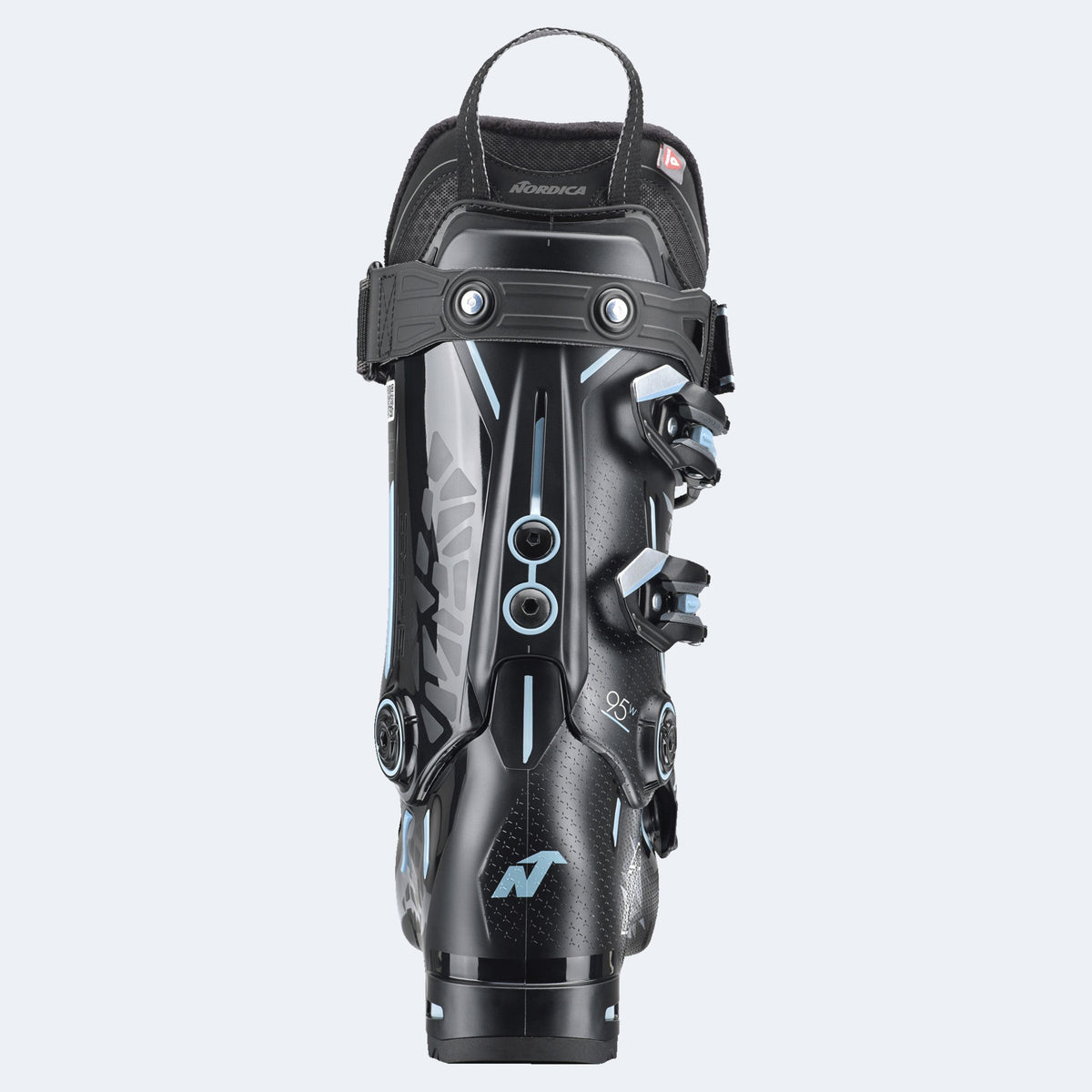 Nordica women's alpine ski boot with buckle closure system and pull loop, rear view