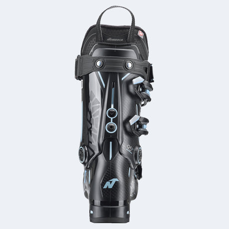 Nordica women's alpine ski boot with buckle closure system and pull loop, rear view