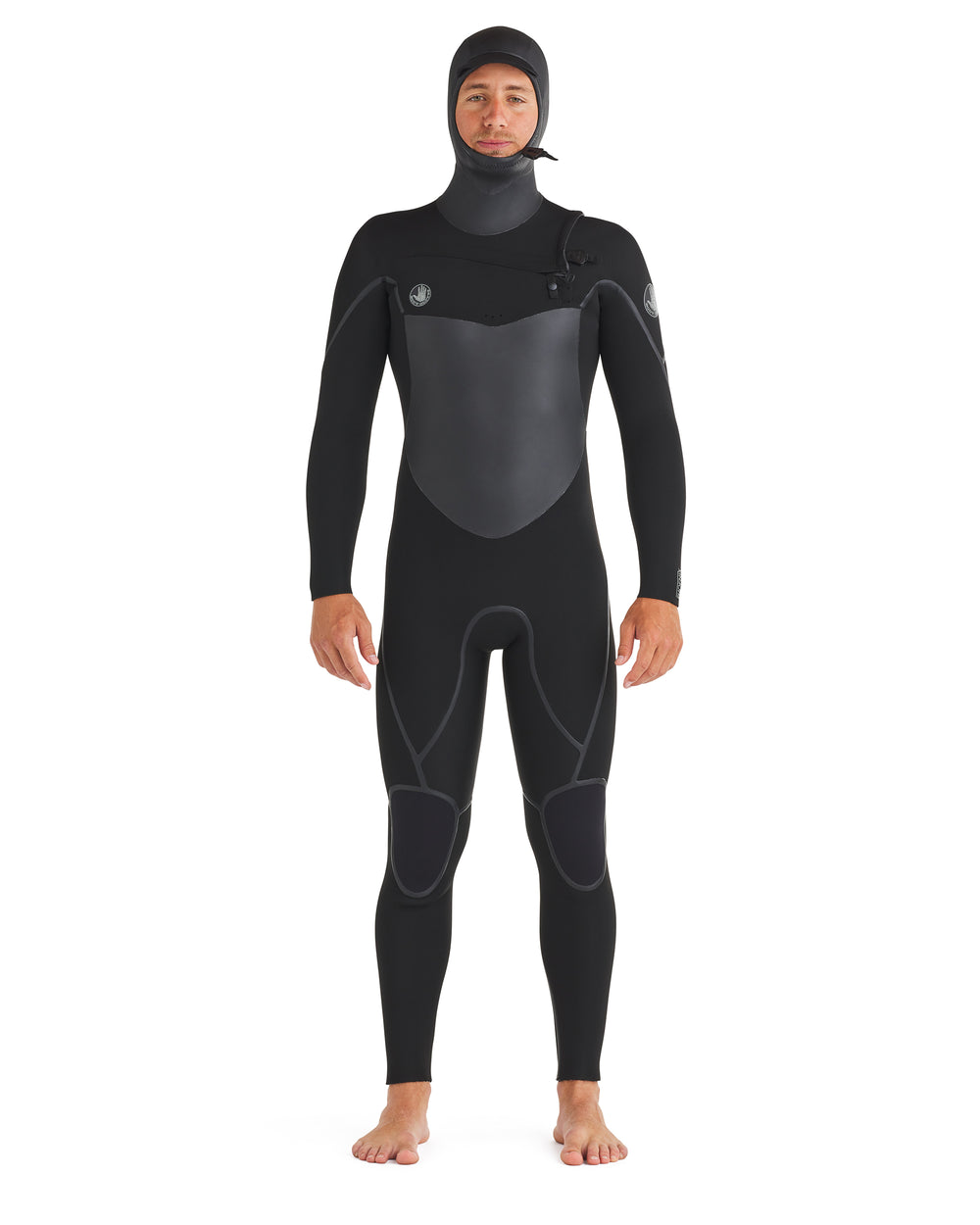 Men's black hooded full wetsuit with chest-zip and grey panel accents