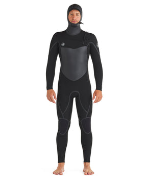 Men's black hooded full wetsuit with chest-zip and grey panel accents