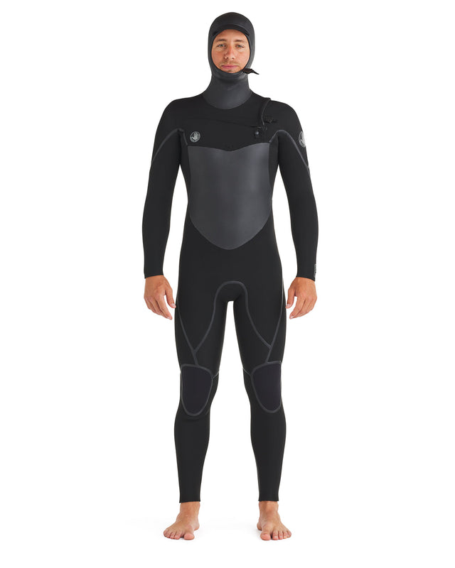 Men's black hooded full wetsuit with chest-zip and grey panel accents