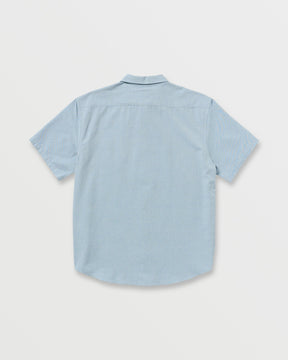 Billabong light blue short sleeve button-up shirt, back view, plain fabric